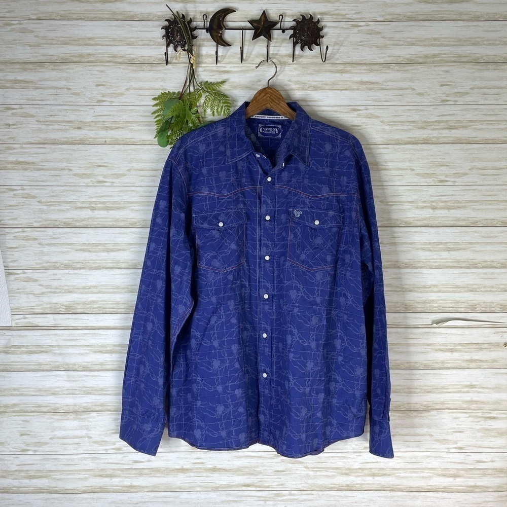 Cowboy Hardware Blue Barbed Wire Cow Skull Snap Button Down Shirt